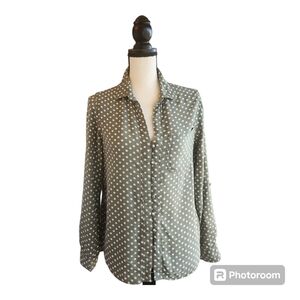 VELVET HEART Olive and White Polka Dot Long-Sleeve Button Down Blouse Size S